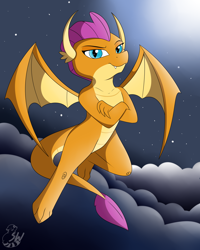 Size: 3200x4000 | Tagged: safe, artist:sugarwings-art, imported from derpibooru, smolder, dragon, crossed arms, dragoness, female, flying, looking at you, night, smiling, solo, stars