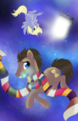 Size: 800x1236 | Tagged: safe, artist:karzii, imported from derpibooru, derpy hooves, doctor whooves, time turner, earth pony, pegasus, pony, clothes, cute, doctor who, female, male, mare, mouth hold, scarf, smiling, sonic screwdriver, stallion, tardis