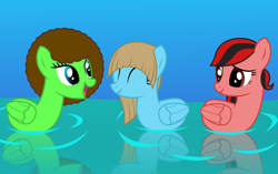 Size: 1024x643 | Tagged: safe, artist:tacobender, imported from derpibooru, oc, oc only, oc:ivory keys, oc:ladybug, duck, duck pony, pegasus, pony, afro, blue coat, female, green coat, mare, red coat, simple background, solo, trio, vector, water, wings