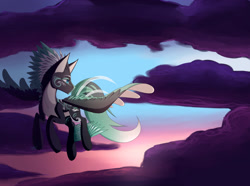 Size: 3507x2609 | Tagged: safe, artist:twigpony, imported from derpibooru, oc, oc only, oc:alpine apotheon, pony, cloud, commission, dark clouds, flying, solo, sunset, unknown species, ych result