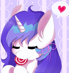 Size: 1415x1501 | Tagged: safe, artist:whiskyice, imported from derpibooru, oc, oc only, oc:windy, pony, unicorn, abstract background, bow, bust, candy, eyes closed, food, hair bow, heart, horn, lollipop, pictogram, unicorn oc