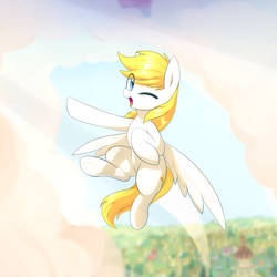 Size: 885x885 | Tagged: safe, artist:maren, imported from derpibooru, oc, oc only, oc:guardian dreamer, pegasus, pony, cloud, ponyville, solo, sunshine