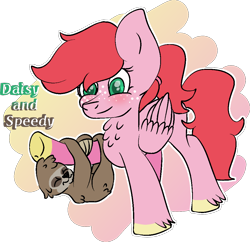 Size: 1002x970 | Tagged: safe, artist:rosiepie15, imported from derpibooru, oc, oc only, oc:daisy, oc:speedy the sloth, pegasus, pony, sloth, abstract background, chest fluff, colored hooves, female, freckles, mare, offspring, parent:big macintosh, parent:fluttershy, parents:fluttermac, pet oc, raised hoof, simple background, transparent background