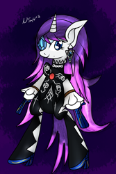 Size: 2165x3249 | Tagged: safe, artist:novaspark, imported from derpibooru, rarity, semi-anthro, bayonetta, bayonetta (character), bipedal, clothes, cosplay, costume, crossover, diamond, ear piercing, earring, eyepatch, female, jewelry, piercing, rarinetta, solo