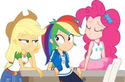 Size: 4557x3000 | Tagged: safe, artist:theartsyemporium, deleted from derpibooru, edit, editor:michaelsety, imported from derpibooru, screencap, vector edit, applejack, pinkie pie, rainbow dash, equestria girls, equestria girls series, eyes closed, human coloration, lidded eyes, photoshop, simple background, table, transparent background, vector