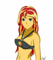 Size: 1400x1600 | Tagged: safe, artist:marsil, imported from derpibooru, sunset shimmer, equestria girls, equestria girls series, forgotten friendship, belly button, breasts, cutie mark, female, looking at you, sideboob, solo, swimsuit