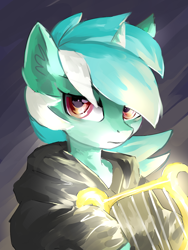 Size: 900x1200 | Tagged: safe, artist:rosefluffdraws, imported from derpibooru, lyra heartstrings, pony, unicorn, fanfic:background pony, clothes, dig the swell hoodie, female, hoodie, looking at you, lyre, mare, musical instrument, solo