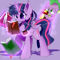 Size: 1500x1500 | Tagged: safe, artist:heddopen, imported from derpibooru, spike, twilight sparkle, alicorn, pony, book, ear fluff, female, floating, ink, inkwell, magic, male, mare, quill, simple background, twilight sparkle (alicorn), wings