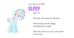 Size: 1174x600 | Tagged: safe, artist:sodadoodle, imported from derpibooru, oc, oc only, oc:sleep, unicorn, base used, blue, magical lesbian spawn, next generation, offspring, parent:princess celestia, parent:rainbow dash, parents:dashlestia, pastel, pink hair, purple hair, reference sheet, rude horse, turquoise hair