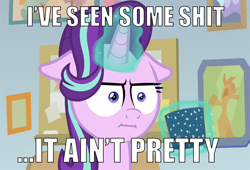 Size: 916x623 | Tagged: safe, edit, edited screencap, imported from derpibooru, screencap, starlight glimmer, pony, unicorn, marks for effort, chocolate, dialogue, empathy cocoa, female, floppy ears, food, hot chocolate, i mean i see, i've seen some shit, image macro, levitation, magic, meme, solo, telekinesis, vulgar