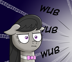 Size: 1024x871 | Tagged: safe, artist:tech--pony, imported from derpibooru, octavia melody, pony, marks for effort, :i, bust, dialogue, female, floppy ears, i mean i see, music, music notes, octavia is not amused, solo, unamused, wub