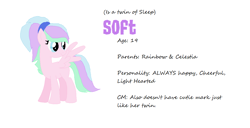 Size: 1174x600 | Tagged: safe, artist:sodadoodle, imported from derpibooru, oc, oc only, oc:soft, pegasus, pony, base used, blue eyes, blue hair, magical lesbian spawn, next generation, offspring, parent:princess celestia, parent:rainbow dash, parents:dashlestia, pink, purple hair, reference sheet, turquoise hair