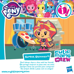 Size: 672x669 | Tagged: safe, imported from derpibooru, applejack, fluttershy, pinkie pie, rainbow dash, sunset shimmer, twilight sparkle, equestria girls, box art, cutie mark crew, female, food, french, meat, official, pepperoni, pepperoni pizza, pizza, ponied up, portuguese, spanish, toy