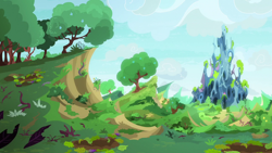 Size: 1280x720 | Tagged: safe, imported from derpibooru, screencap, to change a changeling, background, changeling hive, cloud, grass, no pony, partly cloudy, plant, scenery, tree, vegetation