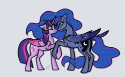 Size: 1179x722 | Tagged: safe, artist:jykinturah, imported from derpibooru, princess luna, twilight sparkle, alicorn, ethereal mane, female, hoof hold, horns are touching, lesbian, looking at each other, mare, shipping, sketch, stars, twilight sparkle (alicorn), twiluna, wings