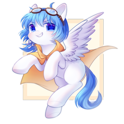 Size: 2000x2000 | Tagged: safe, artist:leafywind, imported from derpibooru, oc, oc only, pegasus, pony, abstract background, cloak, clothes, colored pupils, female, goggles, looking at you, mare, simple background, solo, spread wings, starry eyes, transparent background, underhoof, wingding eyes, wings