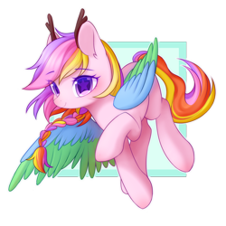 Size: 2000x2000 | Tagged: safe, artist:leafywind, imported from derpibooru, oc, oc only, pegasus, pony, abstract background, antlers, braid, colored pupils, colored wings, ear fluff, female, mare, multicolored hair, multicolored tail, simple background, smiling, solo, spread wings, starry eyes, transparent background, two toned wings, wingding eyes, wings