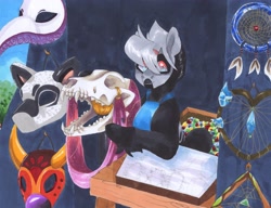Size: 3273x2516 | Tagged: safe, artist:frozensoulpony, imported from derpibooru, oc, oc only, oc:talisman, semi-anthro, dreamcatcher, gem, high res, male, mask, offspring, parent:king sombra, parent:zecora, parents:zembra, skull, solo, traditional art
