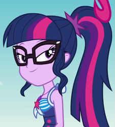 Size: 651x720 | Tagged: safe, imported from derpibooru, screencap, pinkie pie, sci-twi, twilight sparkle, equestria girls, equestria girls series, friendship math, beach, clothes, cropped, cute, female, geode of telekinesis, lidded eyes, looking at you, magical geodes, out of context, ponytail, sky, solo, solo focus, swimsuit, twiabetes