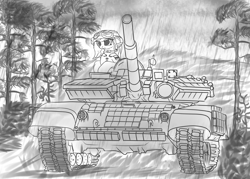 Size: 3500x2500 | Tagged: safe, artist:lakunae, imported from derpibooru, pony, civil war, lineart, monochrome, soviet, soviet pony, stalliongrad, t-64bv, tank (vehicle), war, war thunder
