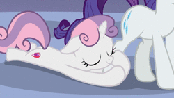 Size: 1920x1080 | Tagged: safe, imported from derpibooru, screencap, rarity, sweetie belle, marks for effort, animated, cute, diasweetes, discovery family logo, female, leg grab, repeatie belle, sound, webm
