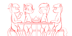 Size: 1920x976 | Tagged: safe, artist:wyntermoon, imported from derpibooru, coconut cream, peachy pie, sunny daze, toola roola, banana, banana split, dessert, draft, eating, female, filly, foal, food, group, hair tie, ice cream, mare, request, seat, spoon, table