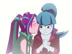 Size: 1128x845 | Tagged: safe, artist:amazingpuffhair, imported from derpibooru, aria blaze, sonata dusk, equestria girls, rainbow rocks, arisona, blushing, clothes, cute, eyes closed, female, kissing, lesbian, shipping, simple background, vest, white background