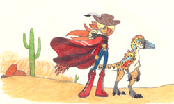 Size: 2147x1285 | Tagged: safe, artist:smcho1014, deleted from derpibooru, imported from derpibooru, oc, oc only, oc:flint trigger, dinosaur, equestria girls, cactus, colored pencil drawing, desert, duo, female, male, saguaro cactus, tanycolagreus, traditional art