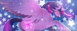Size: 1181x475 | Tagged: safe, artist:chutkat, imported from derpibooru, twilight sparkle, alicorn, pony, blushing, curved horn, eyes closed, female, flying, glowing horn, mare, open mouth, solo, spread wings, stars, twilight sparkle (alicorn), wing fluff, wings