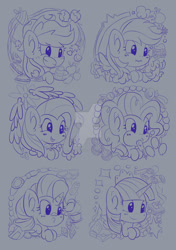 Size: 1024x1453 | Tagged: safe, artist:kumikoponylk, imported from derpibooru, applejack, fluttershy, pinkie pie, rainbow dash, rarity, twilight sparkle, alicorn, apple, book, chibi, cupcake, cutie mark, food, gem, mane six, twilight sparkle (alicorn), watermark