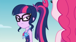 Size: 1920x1080 | Tagged: safe, edit, edited screencap, imported from derpibooru, screencap, pinkie pie, sci-twi, twilight sparkle, equestria girls, equestria girls series, friendship math, beach, clothes, inverted mouth, out of context, sky, solo focus, swimsuit