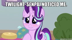 Size: 600x337 | Tagged: safe, edit, edited screencap, imported from derpibooru, screencap, starlight glimmer, pony, marks for effort, blushing, dialogue, female, image macro, meme, memeful.com, solo