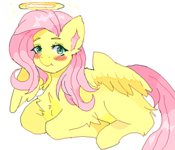 Size: 540x464 | Tagged: safe, artist:furfetti, imported from derpibooru, fluttershy, pegasus, pony, blushing, cute, female, fluffy, halo, mare, missing cutie mark, pixel art, prone, shyabetes, simple background, smiling, solo, sparkles, transparent background