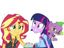 Size: 2048x1536 | Tagged: safe, artist:php77, editor:php77, imported from derpibooru, spike, sunset shimmer, twilight sparkle, alicorn, dog, equestria girls, equestria girls (movie), equestria girls series, apple, backpack, bedroom eyes, bowtie, burger, clothes, cup, food, fruit salad, geode of empathy, jacket, leather jacket, magical geodes, plate, salad, simple background, spike the dog, transparent background, twilight sparkle (alicorn)