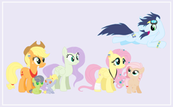 Size: 1024x630 | Tagged: safe, artist:fidgett-foott, imported from derpibooru, applejack, fluttershy, soarin', oc, oc:country bumpkin, oc:johnny cakes, oc:songbird, oc:sunny days, earth pony, pegasus, pony, applesoarinshy, baby, baby pony, base used, colt, family, female, filly, flower, flower in hair, flying, male, mare, offspring, parent:applejack, parent:fluttershy, parent:soarin', parents:soarinjack, parents:soarinshy, polyamory, purple background, shipping, simple background, soarinjack, soarinshy, stallion, straight