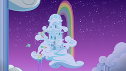 Size: 1280x720 | Tagged: safe, imported from derpibooru, screencap, rainbow dash, pegasus, pony, newbie dash, cloud, cloud house, female, flying, house, mare, night, rainbow, rainbow dash's house, rainbow waterfall, stars