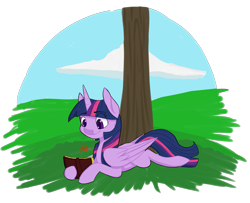 Size: 2383x1931 | Tagged: safe, artist:xenovie, deleted from derpibooru, imported from derpibooru, twilight sparkle, alicorn, pony, book, cloud, female, horn, missing cutie mark, reading, simple background, smiling, solo, transparent background, tree, twilight sparkle (alicorn), wings