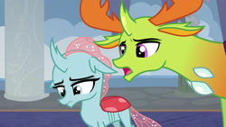 Size: 1280x720 | Tagged: safe, edit, edited screencap, imported from derpibooru, screencap, ocellus, thorax, changedling, changeling, school daze, female, floppy ears, frown, king thorax, lidded eyes, looking down, male, open mouth, pony eyes, pony eyes edit, sad