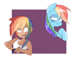 Size: 2057x1664 | Tagged: safe, artist:drawbauchery, imported from derpibooru, rainbow dash, human, pony, blushing, bust, cute, dashabetes, human ponidox, humanized, portrait, self ponidox, smiling