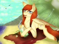 Size: 1200x900 | Tagged: safe, artist:evlass, imported from derpibooru, oc, oc only, pegasus, pony, art, beach, beach towel, chest fluff, cocktail, digital art, ocean, sand, smiling, straw, umbrella