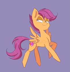 Size: 3715x3817 | Tagged: safe, artist:drawbauchery, imported from derpibooru, scootaloo, pegasus, pony, female, filly, lidded eyes, purple background, simple background, smug, solo, watermark