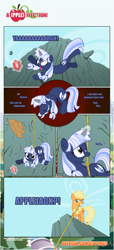 Size: 1919x4225 | Tagged: safe, artist:estories, imported from derpibooru, applejack, oc, oc:silverlay, original species, pony, unicorn, comic:a(pple)ffection, comic, female, gem, hat, magic, mare, mouth hold, rope, umbra pony