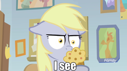 Size: 1920x1080 | Tagged: safe, edit, edited screencap, imported from derpibooru, screencap, derpy hooves, pony, marks for effort, dialogue, discovery family logo, female, floppy ears, food, i mean i see, image macro, meme, muffin, solo