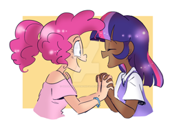 Size: 1024x724 | Tagged: safe, artist:drawbauchery, imported from derpibooru, pinkie pie, twilight sparkle, human, cute, dark skin, hand grab, happy, humanized, watermark