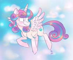 Size: 1024x843 | Tagged: safe, artist:drawbauchery, imported from derpibooru, princess flurry heart, alicorn, pony, female, flying, looking back, mare, older, older flurry heart, smiling, solo