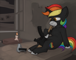 Size: 1914x1533 | Tagged: safe, artist:marsminer, imported from derpibooru, oc, oc only, oc:rainbow heart, pony, unicorn, ak-47, assault rifle, candle, gun, handgun, misleading thumbnail, pistol, rainbow hair, rifle, solo, unshorn fetlocks, weapon