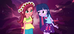 Size: 1500x706 | Tagged: safe, artist:3d4d, artist:crimsumic, artist:famousmari5, imported from derpibooru, gloriosa daisy, twilight sparkle, equestria girls, legend of everfree, art trade, blushing, clothes, daisylight, female, floral head wreath, flower, lesbian, pride month, shipping, skirt, twilight sparkle (alicorn)