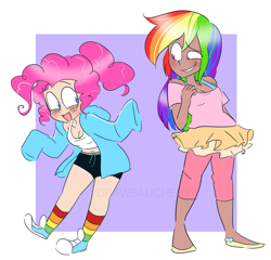 Size: 2167x2080 | Tagged: safe, artist:drawbauchery, imported from derpibooru, pinkie pie, rainbow dash, human, clothes, clothes swap, converse, female, humanized, lesbian, open mouth, pinkiedash, rainbow socks, shipping, shoes, smiling, socks, striped socks