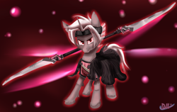 Size: 2353x1485 | Tagged: safe, artist:sintakhra, imported from derpibooru, pony, unicorn, clothes, coat, male, simple background, solo, stallion, trails of cold steel 2, unshorn fetlocks, video game, video game crossover, weapon