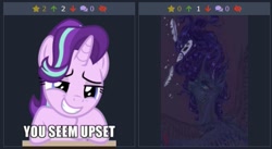 Size: 487x266 | Tagged: safe, imported from derpibooru, princess luna, starlight glimmer, derpibooru, dialogue, exploitable meme, juxtaposition, juxtaposition win, meme, meta, upset